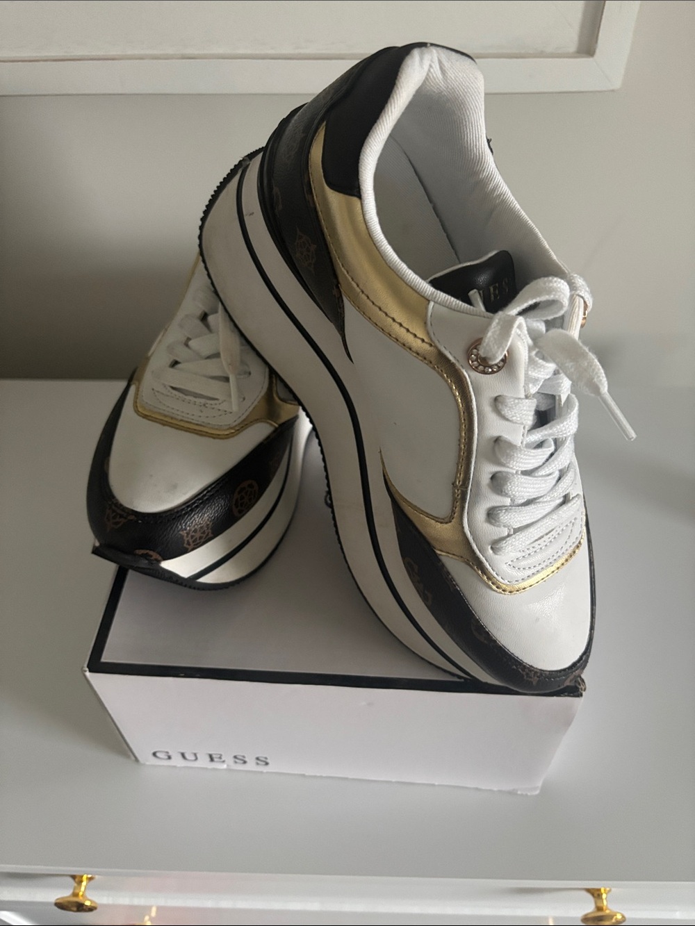 Guess Women's White, Black & Gold Platform Sneakers